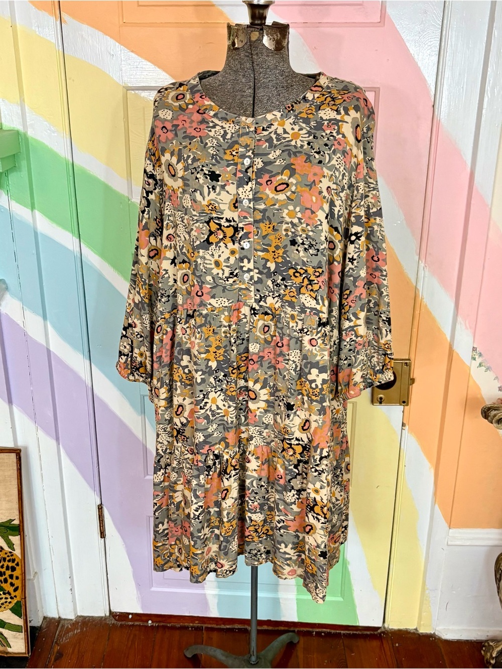 💥Natural Life Anita Floral Tiered Tunic Mini Dress Boho Multicolor XL💛